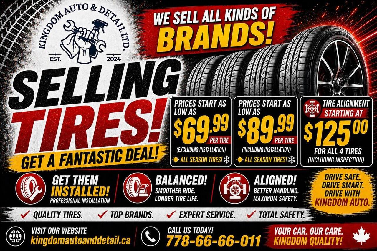 Selling tires — we sell all kinds of brands. From $69.99 per tire, $89.99 including installation, tire alignment $125 for all 4.